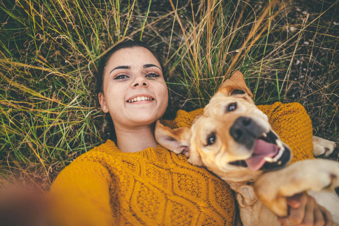 Happy pet dog and his favorite person taking selfie on camping in forest