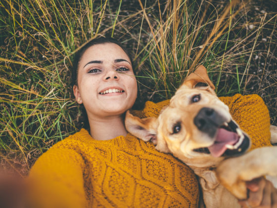 Happy pet dog and his favorite person taking selfie on camping in forest